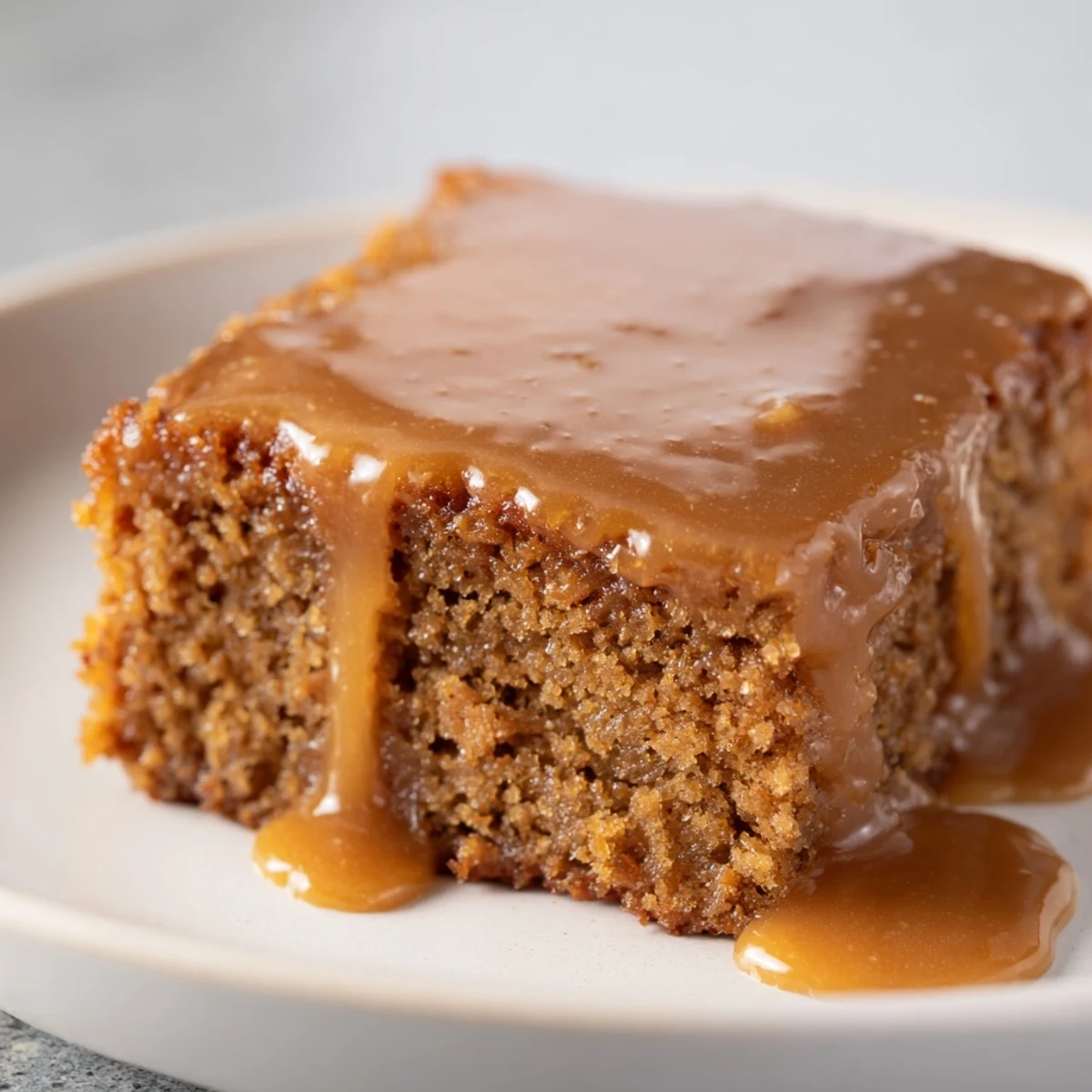 A slice of moist and inviting Sticky Toffee Pudding, oozing with warm, delicious toffee goodness.
