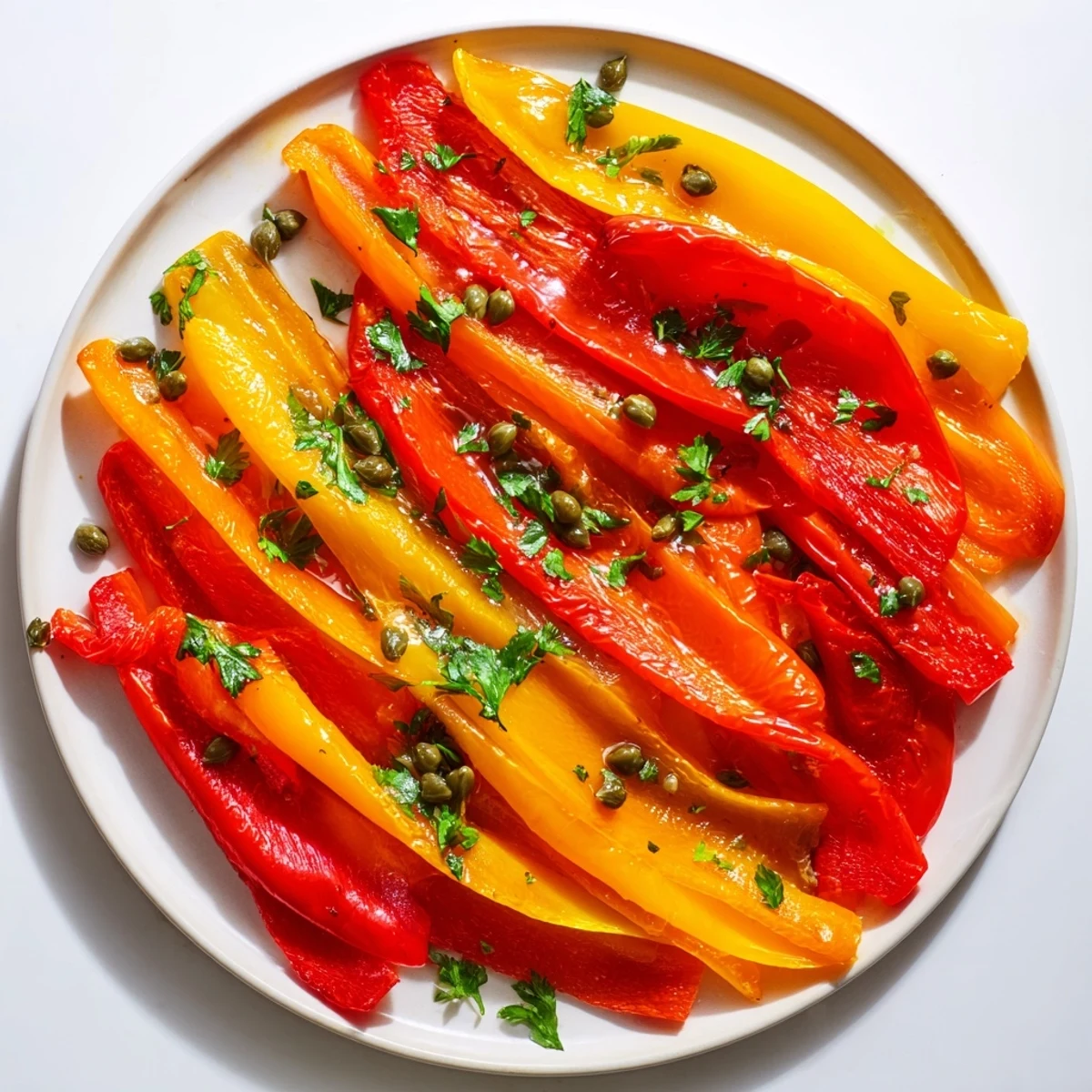 Vibrant, blistered, red roasted peppers glistening with olive oil, ready to serve as a flavorful side.