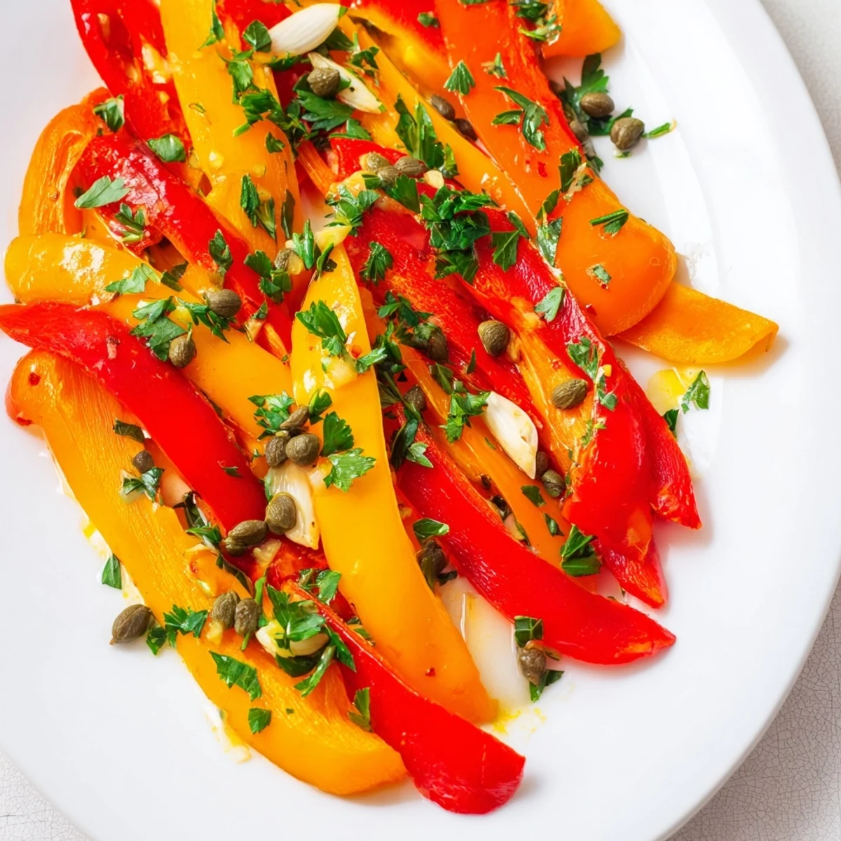Mediterranean-style roasted peppers, a simple vegan side with optional parsley and caper garnishes.