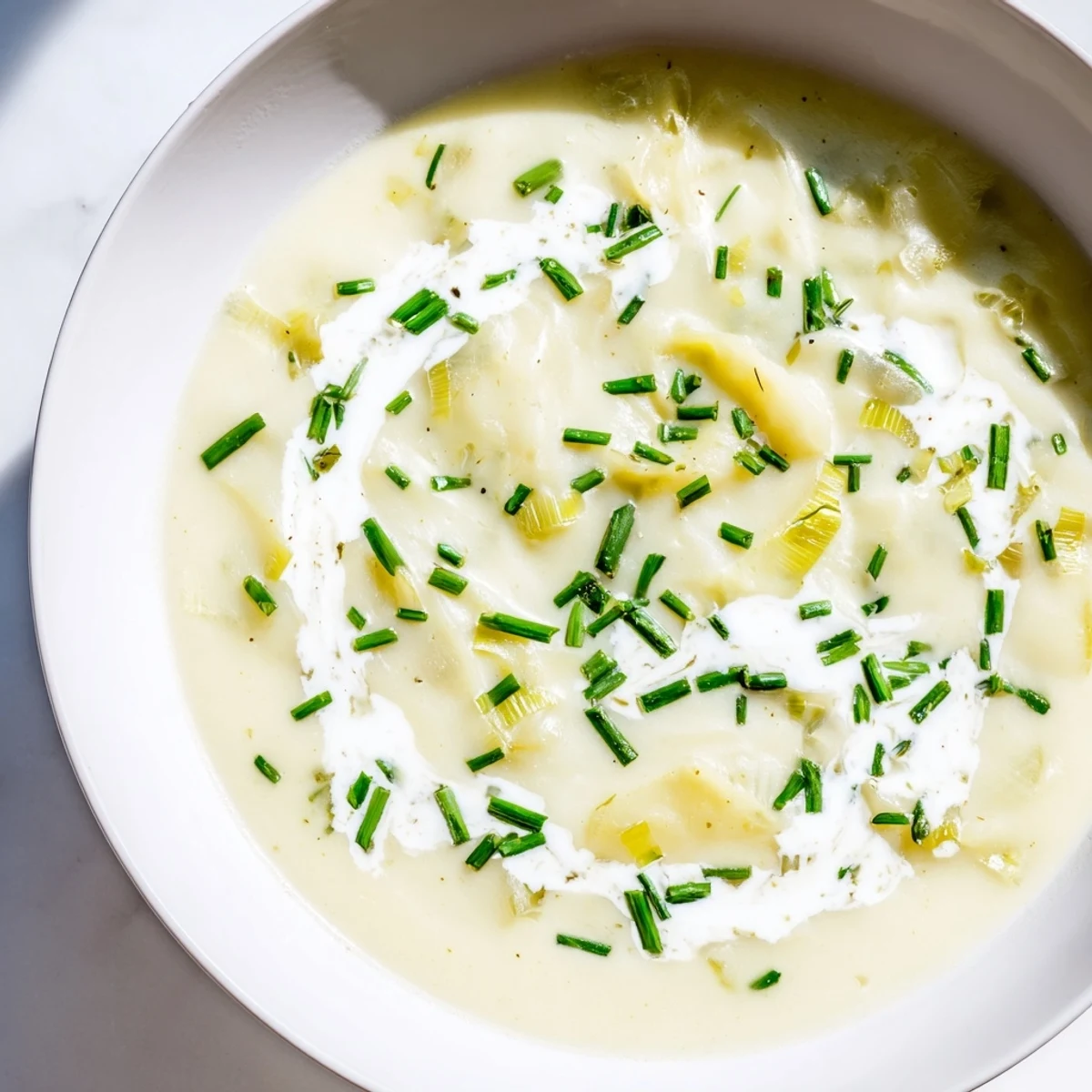 Close-up of velvety creamy leek soup, garnished with fresh chives, perfect for a cold evening.