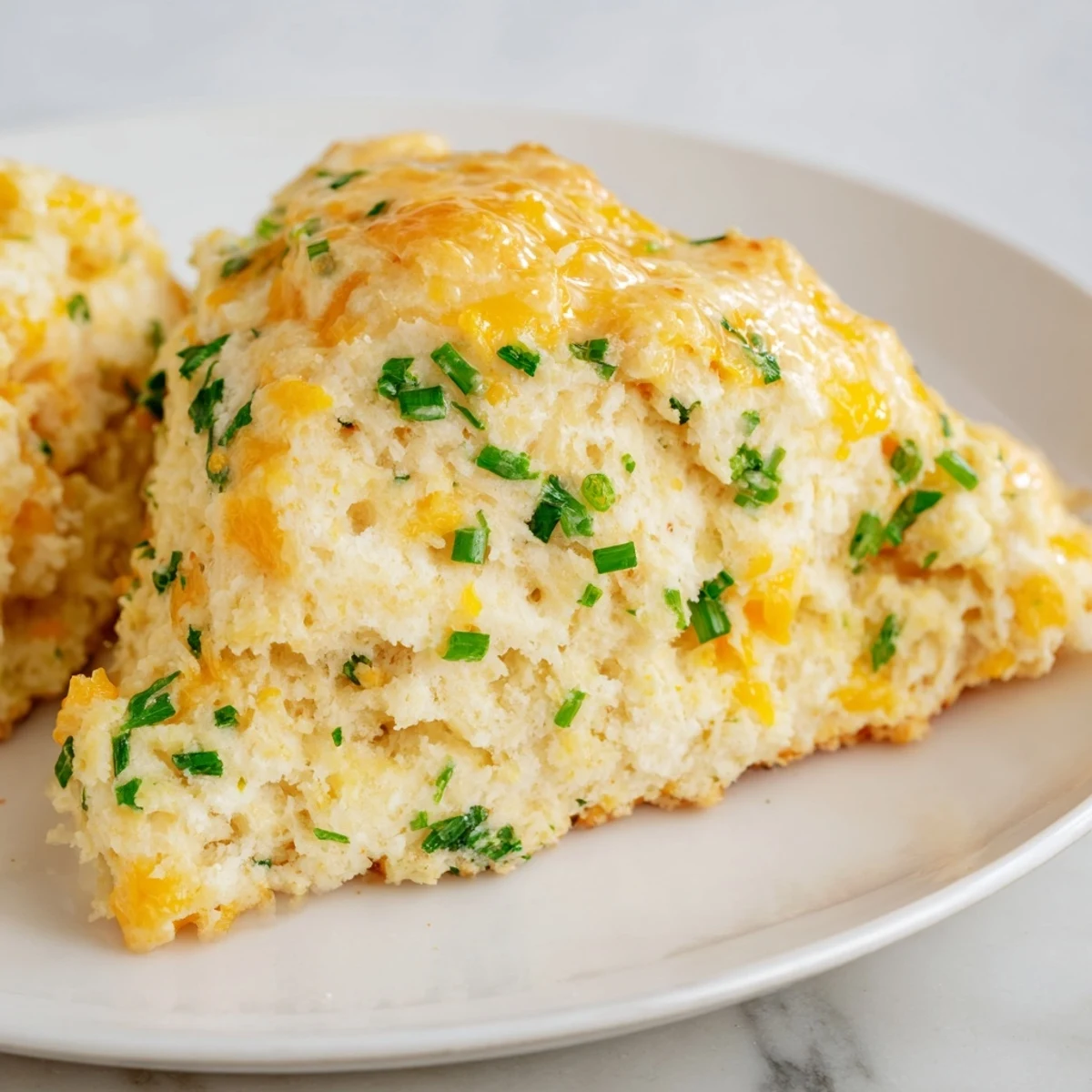 A close-up shot of warm, flaky savory scones, perfect with a simple soup for dinner.