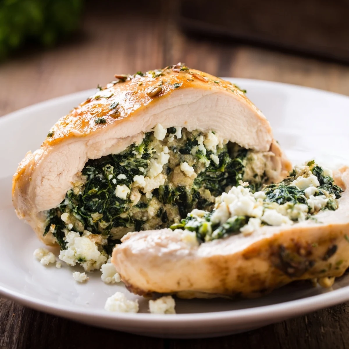 Golden-baked Spinach and Feta Stuffed Chicken Breast, showcasing a flavorful Mediterranean dinner.