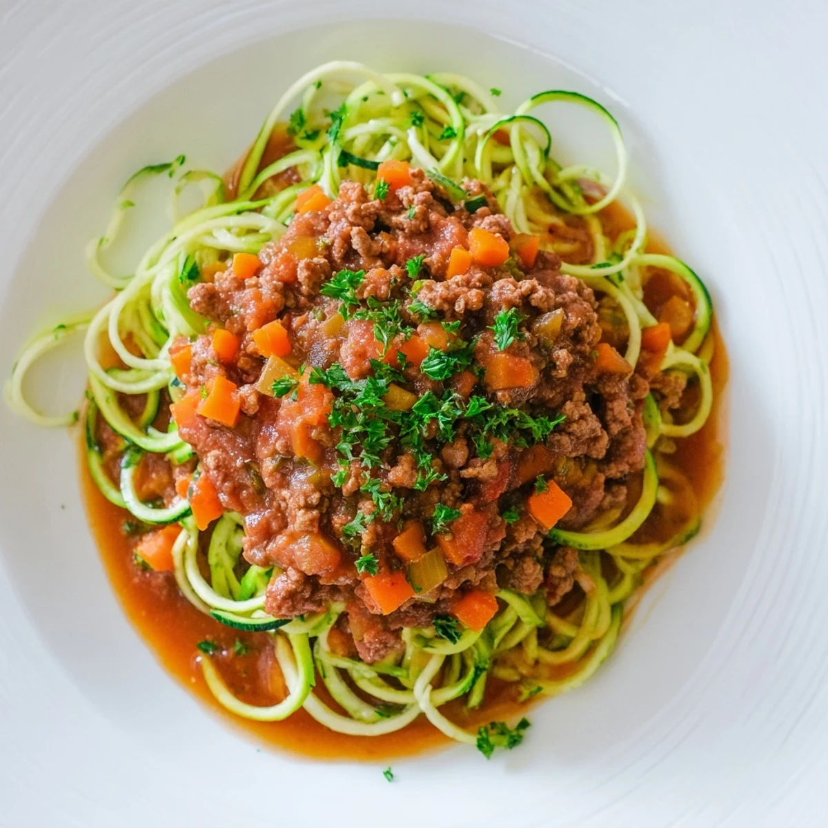 Steaming plate of Turkey Bolognese, perfectly ladled over bright green zucchini noodles, ready to eat.