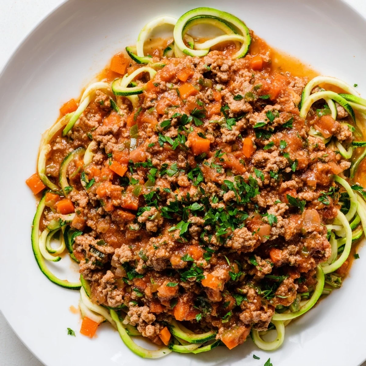 A close-up of hearty Turkey Bolognese with zucchini noodles, topped with fresh herbs, a delicious low-carb dinner.