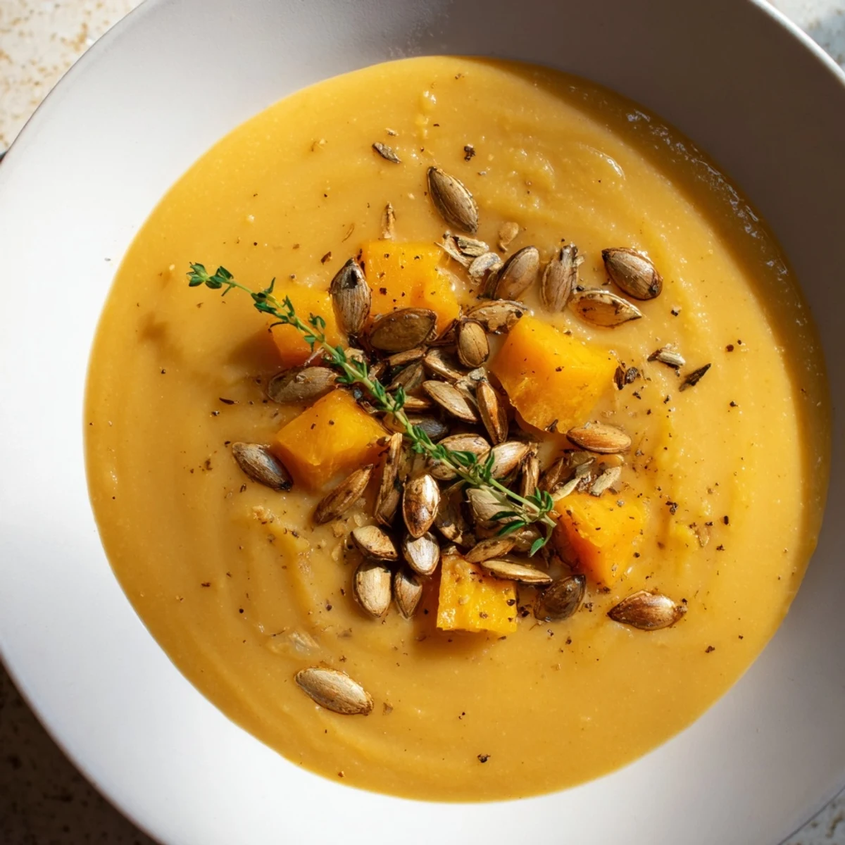 This comforting photo features a bowl of creamy pumpkin soup, topped with golden, crisp toasted seeds.