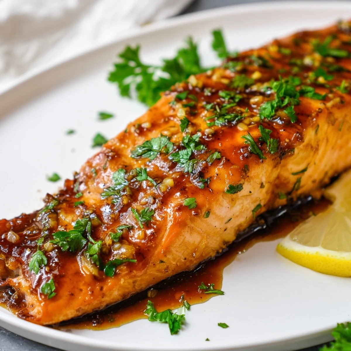 Flaky baked salmon with honey garlic glaze, glistening and ready to savor this elegant main course.