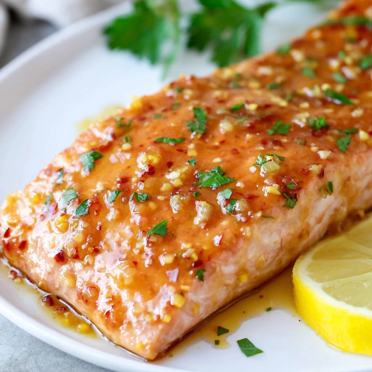Golden, glazed Baked Salmon with Honey Garlic, offering a perfect balance of sweet and savory flavors.