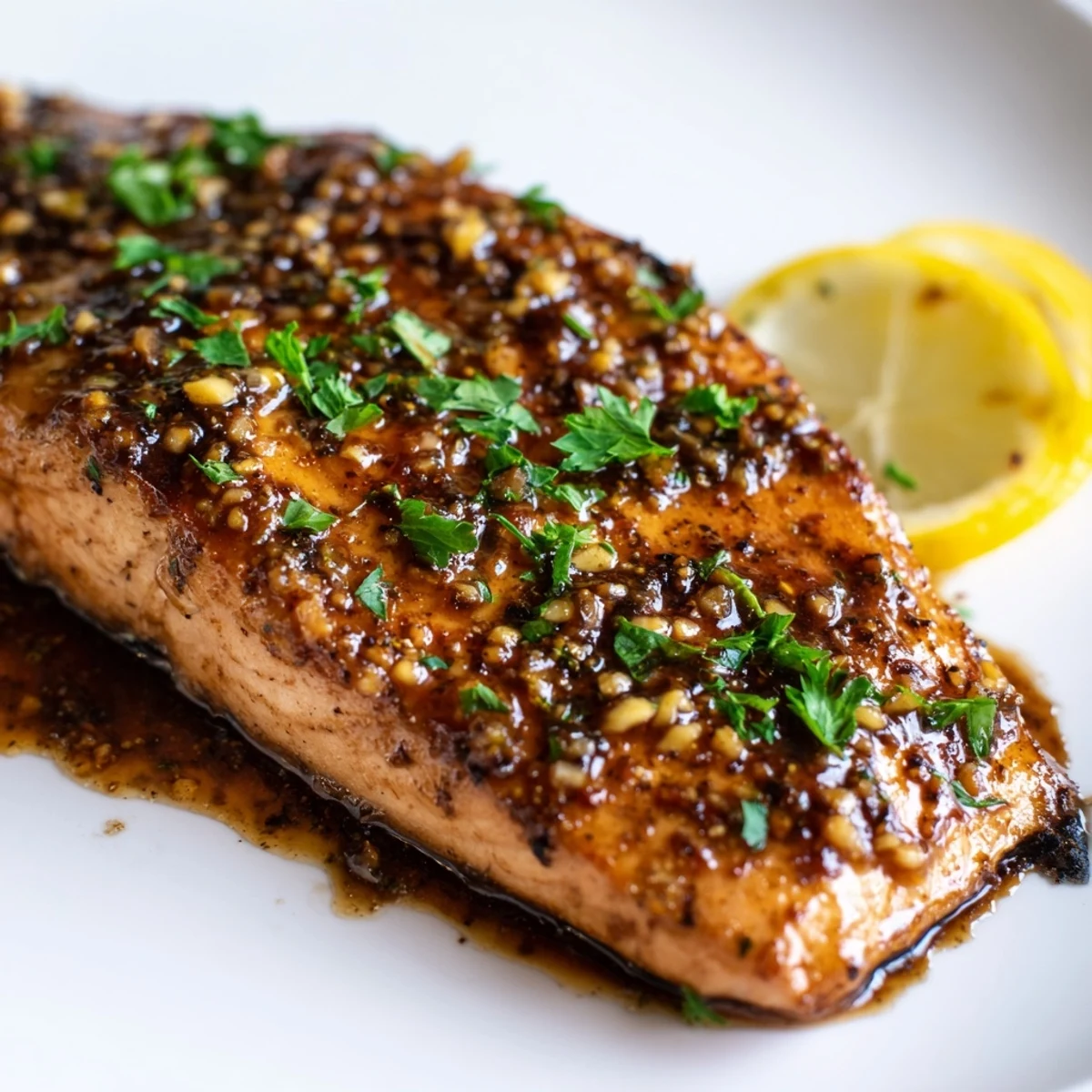 A close-up of tender baked salmon showcasing the rich honey garlic glaze, ideal for dinner.