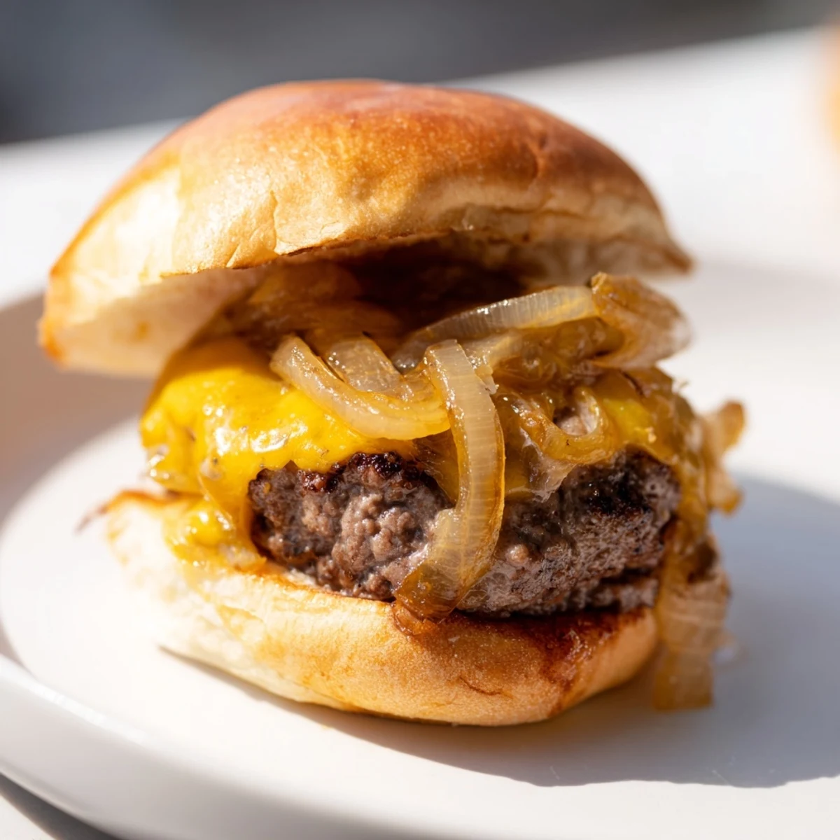 Close-up of juicy Beef Sliders with Caramelized Onions and melted cheddar cheese, ready to eat.
