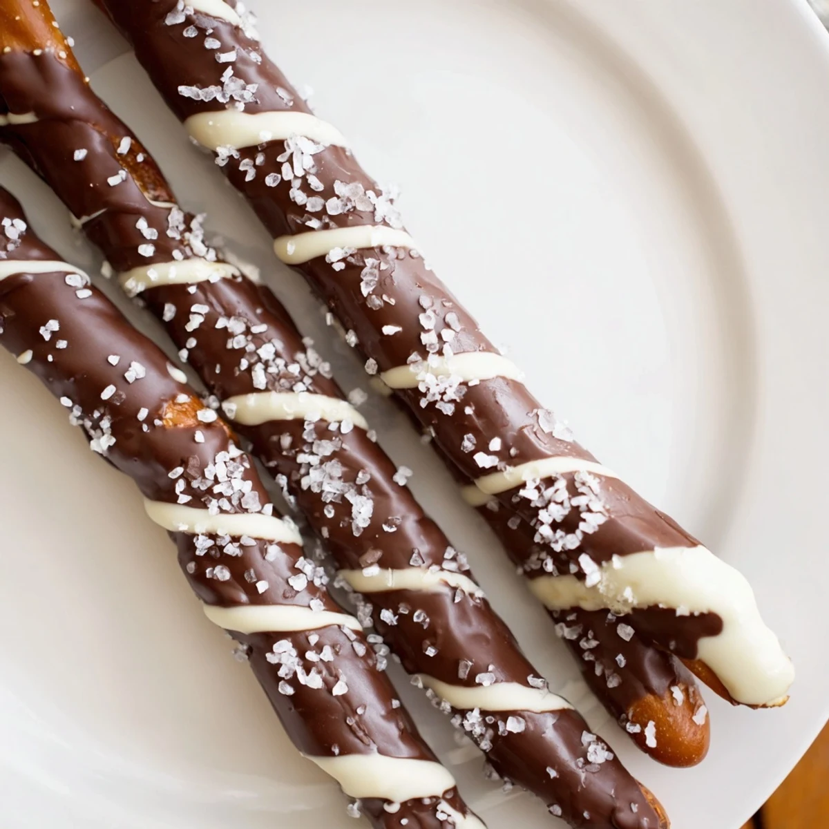 Chocolate dipped pretzels, glistening with melted chocolate and sprinkled with coarse sea salt crystals.