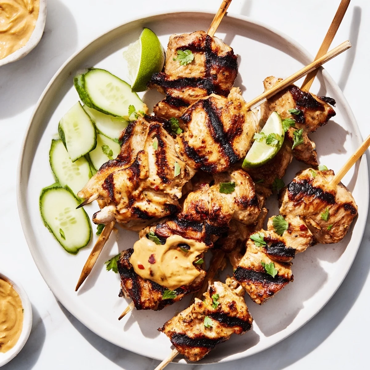 Grilled Chicken Satay Skewers with vibrant peanut sauce ready to enjoy, a delicious Southeast Asian appetizer.