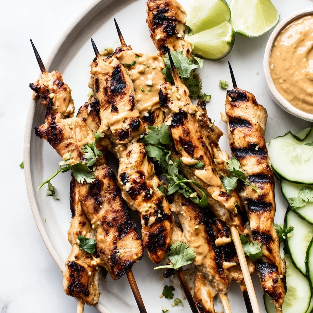 Savory Chicken Satay Skewers are shown, perfectly charred and served with a rich, creamy peanut dipping sauce.
