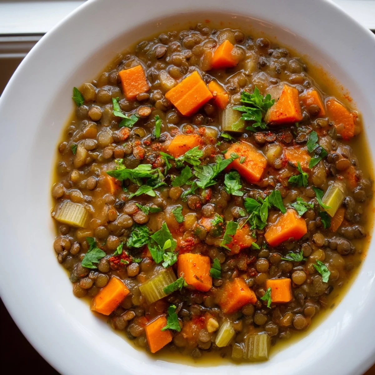 Steaming bowl of spicy lentil soup, a comforting vegan meal with carrot and celery.