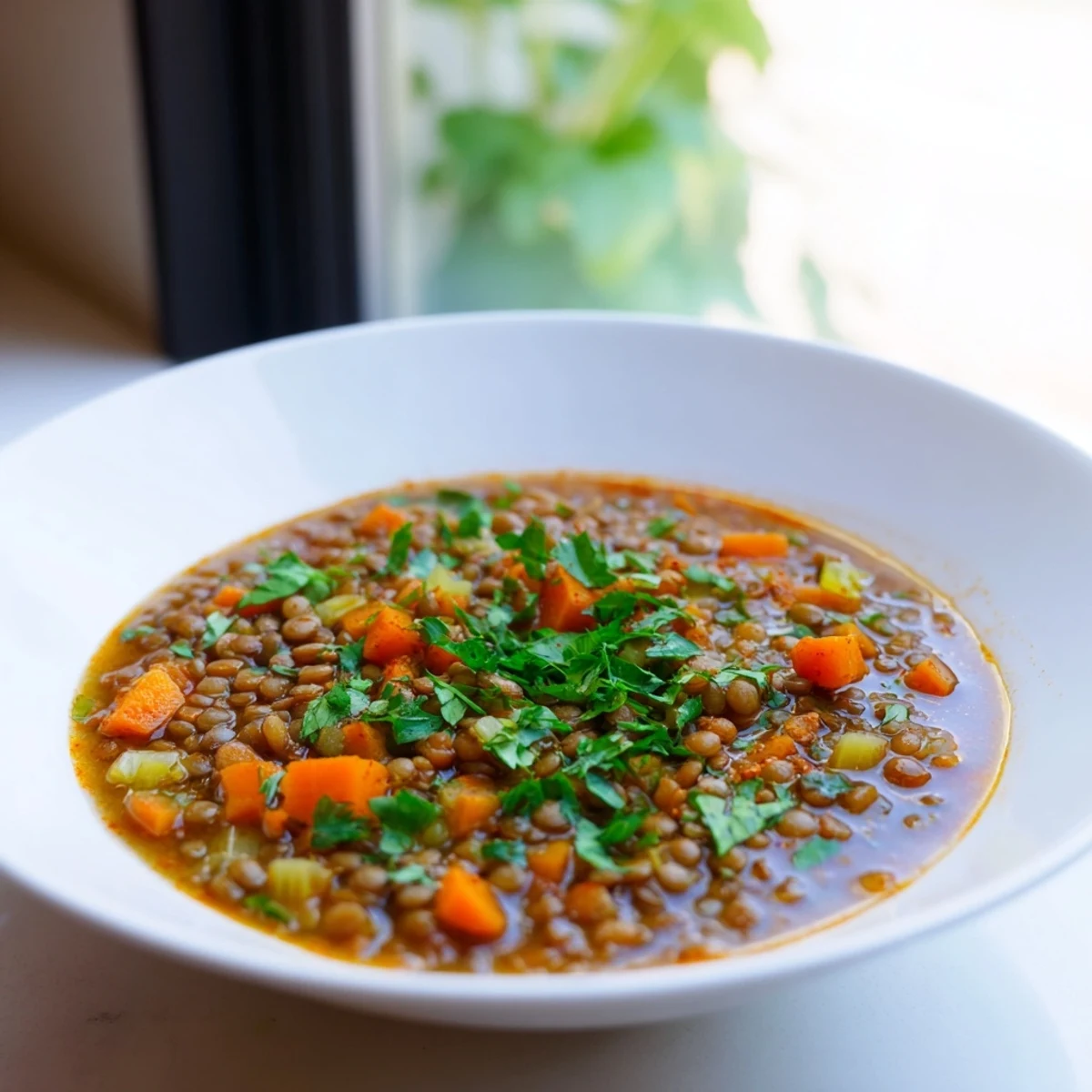 A close-up of the flavorful, savory spicy lentil soup with hints of red pepper flakes.