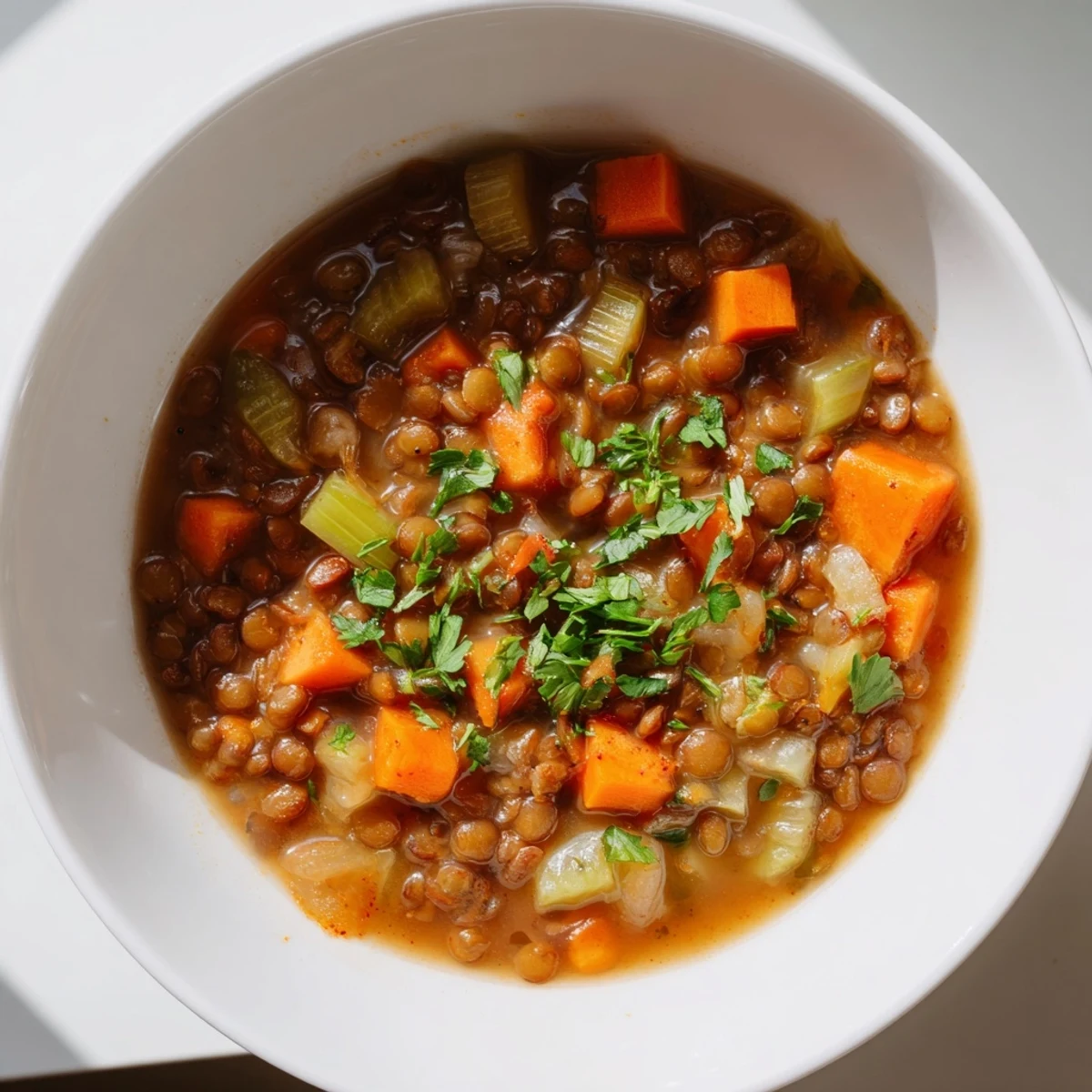 Hearty spicy lentil soup, served in a bowl, perfect for a cozy, delicious dinner.