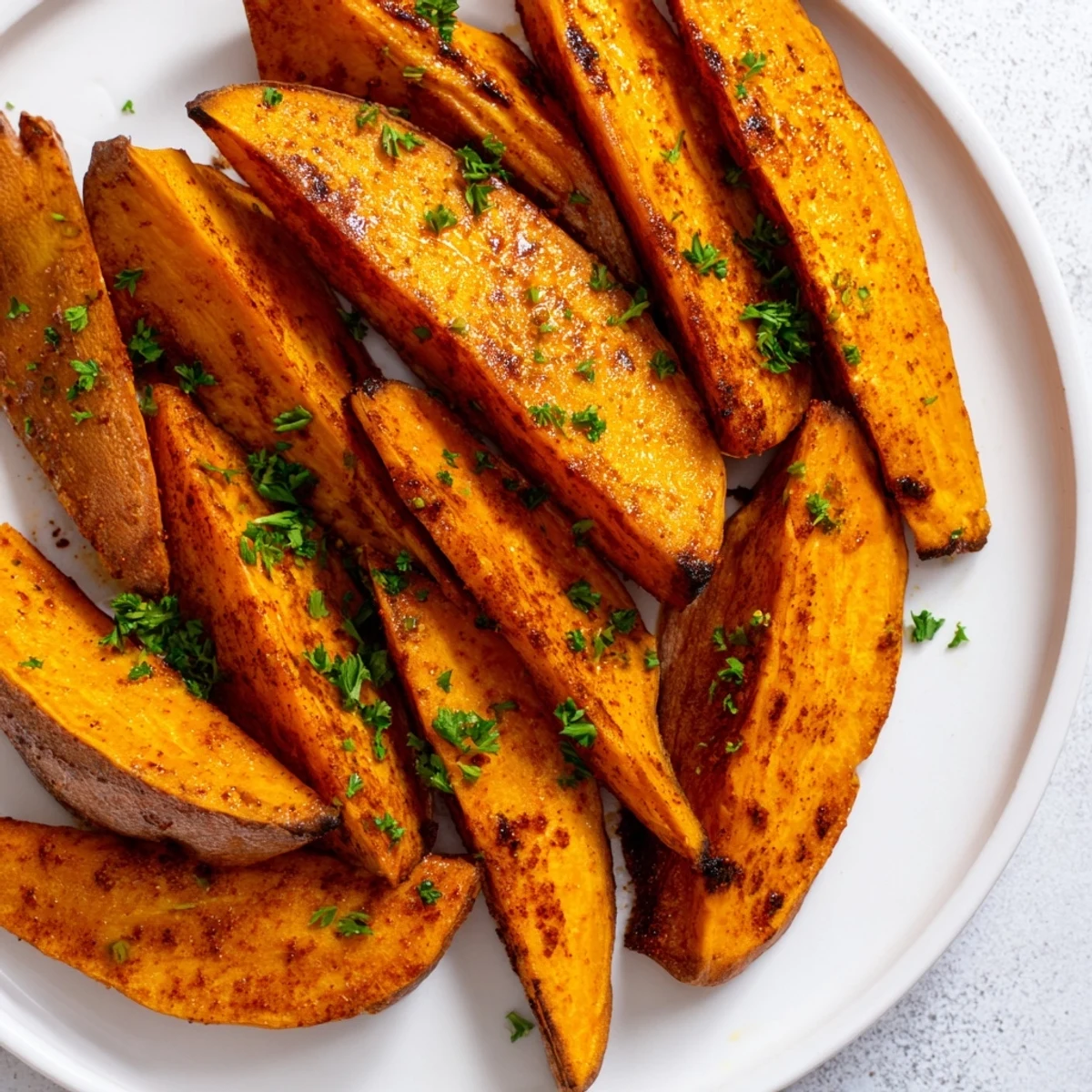Arranged on a platter, these flavorful Roasted Sweet Potato Wedges look deliciously ready to eat.