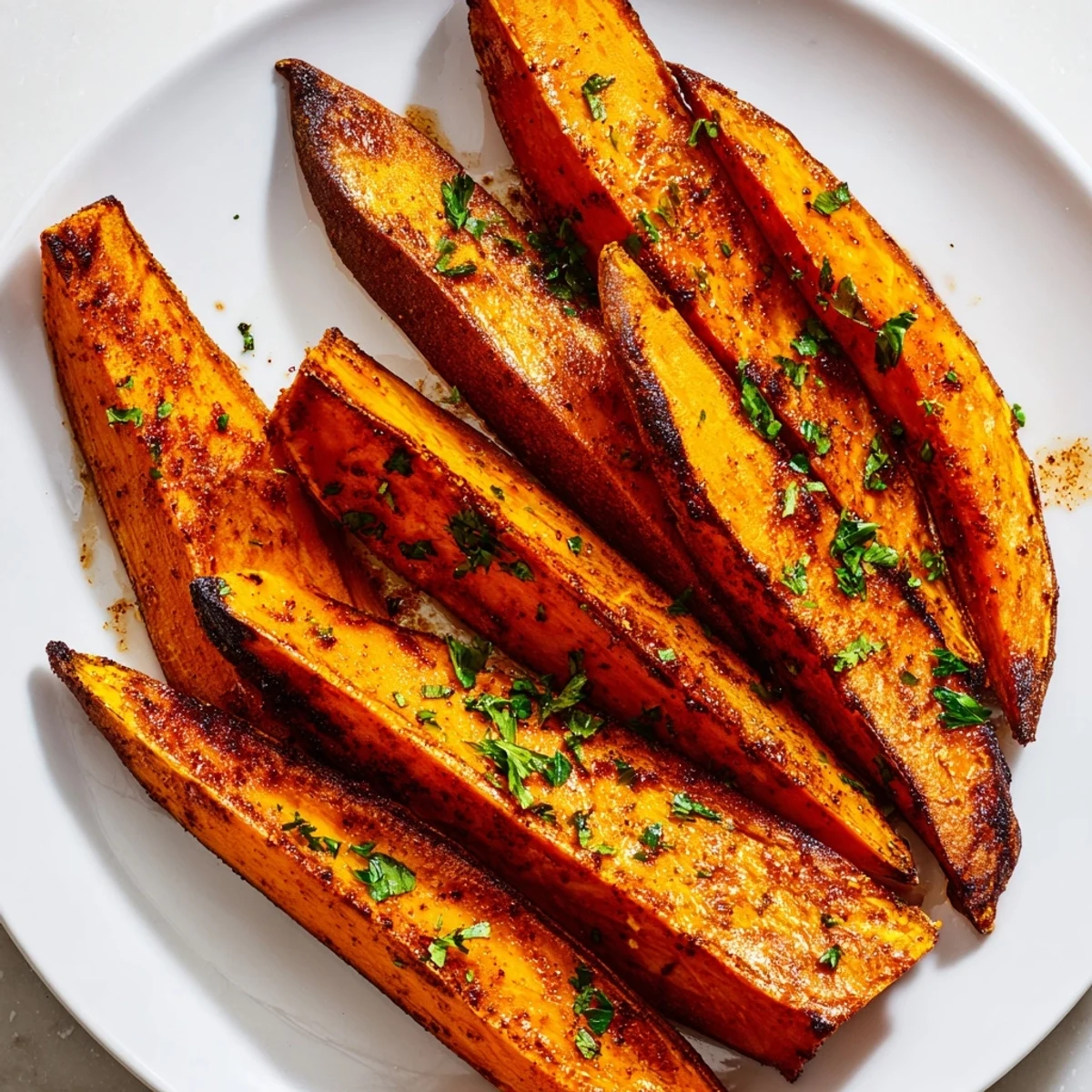 Freshly roasted Sweet Potato Wedges, showing a close-up of the paprika-dusted, crispy edges.