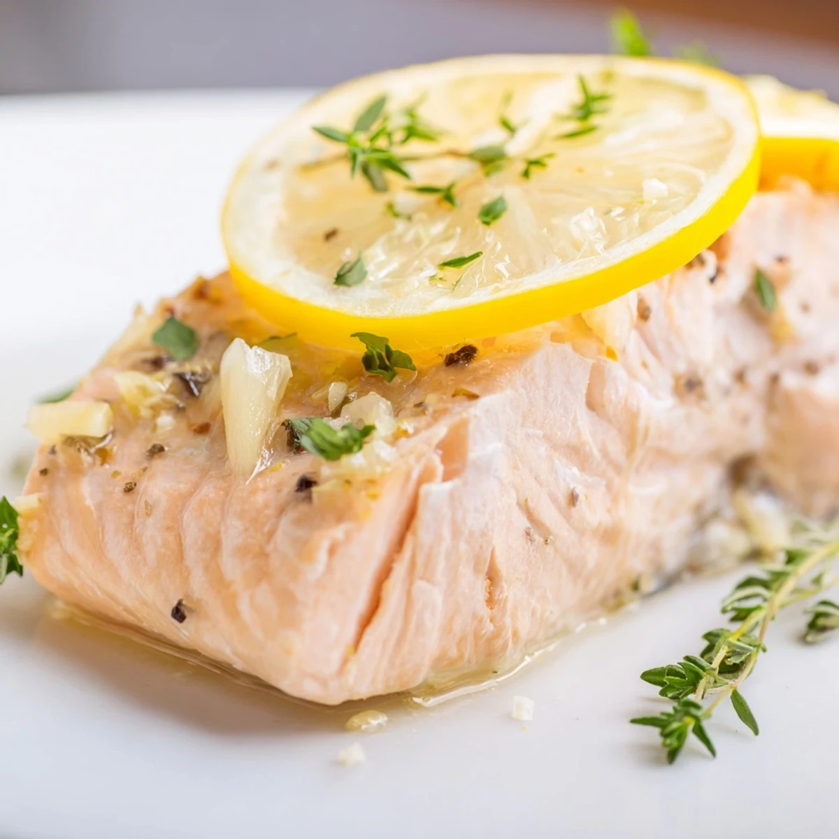 Tender baked salmon with lemon, showcasing golden edges and herbs, perfect for dinner tonight.