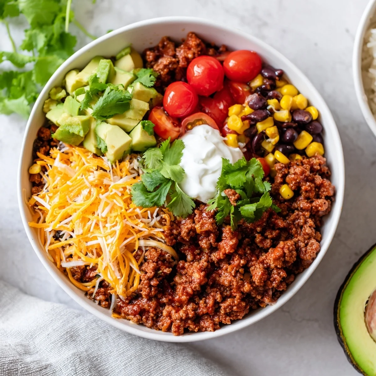 View a close-up of a delicious Beef Burrito Bowl, filled with colorful ingredients and flavorful toppings.