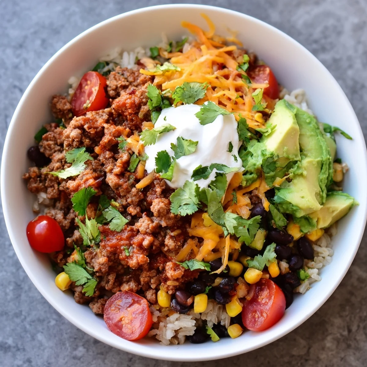 A hearty Beef Burrito Bowl with seasoned ground beef, vibrant veggies, and creamy avocado, ready to eat.