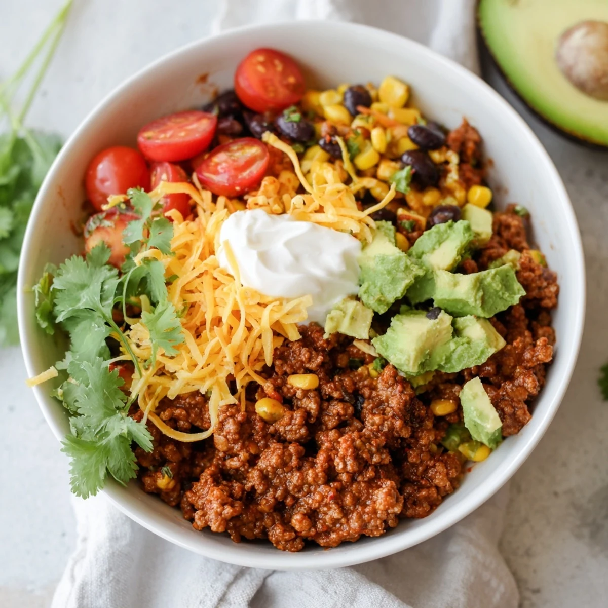 This photo features a fantastic, gluten-free Beef Burrito Bowl, full of textures and fresh ingredients.