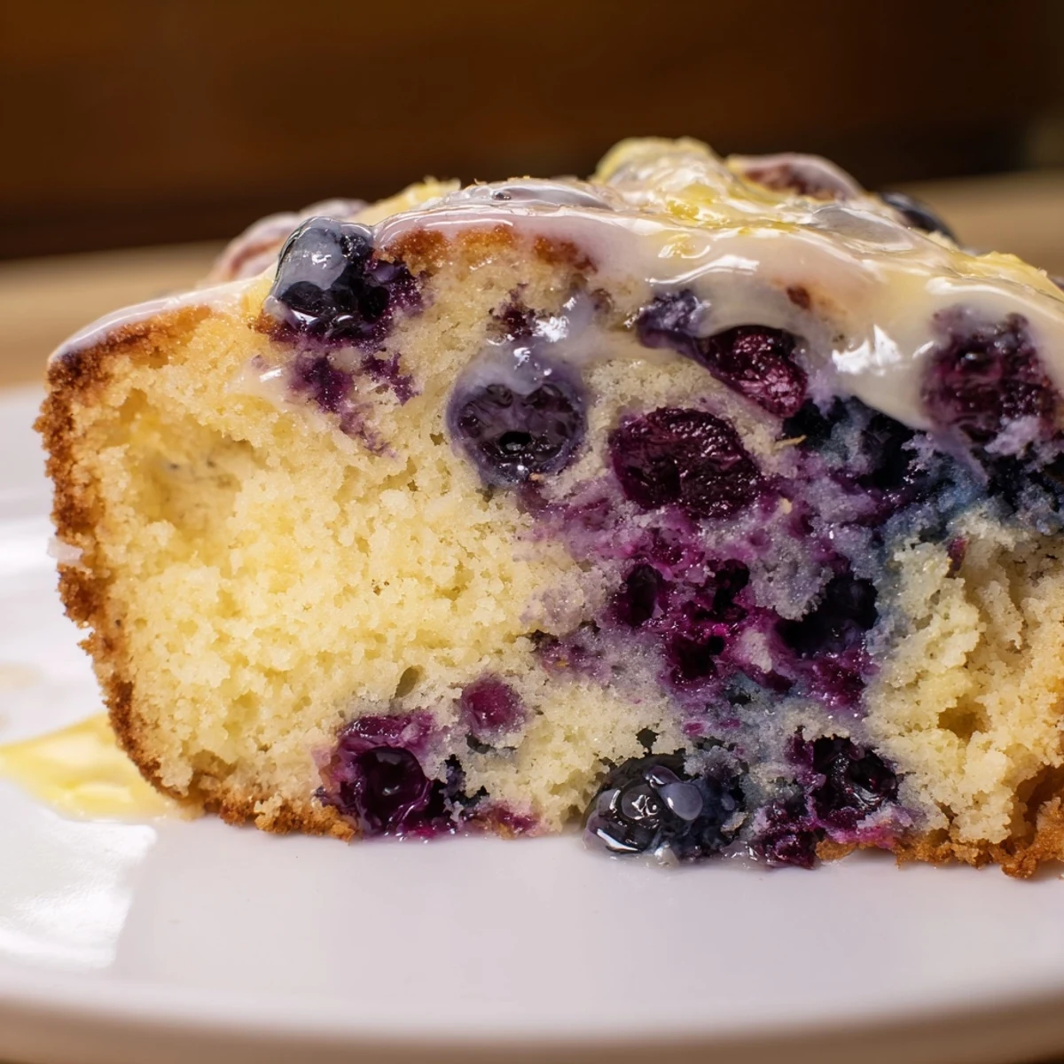 A tender Lemon Blueberry Cake with vibrant blueberries, glazed and ready to serve.