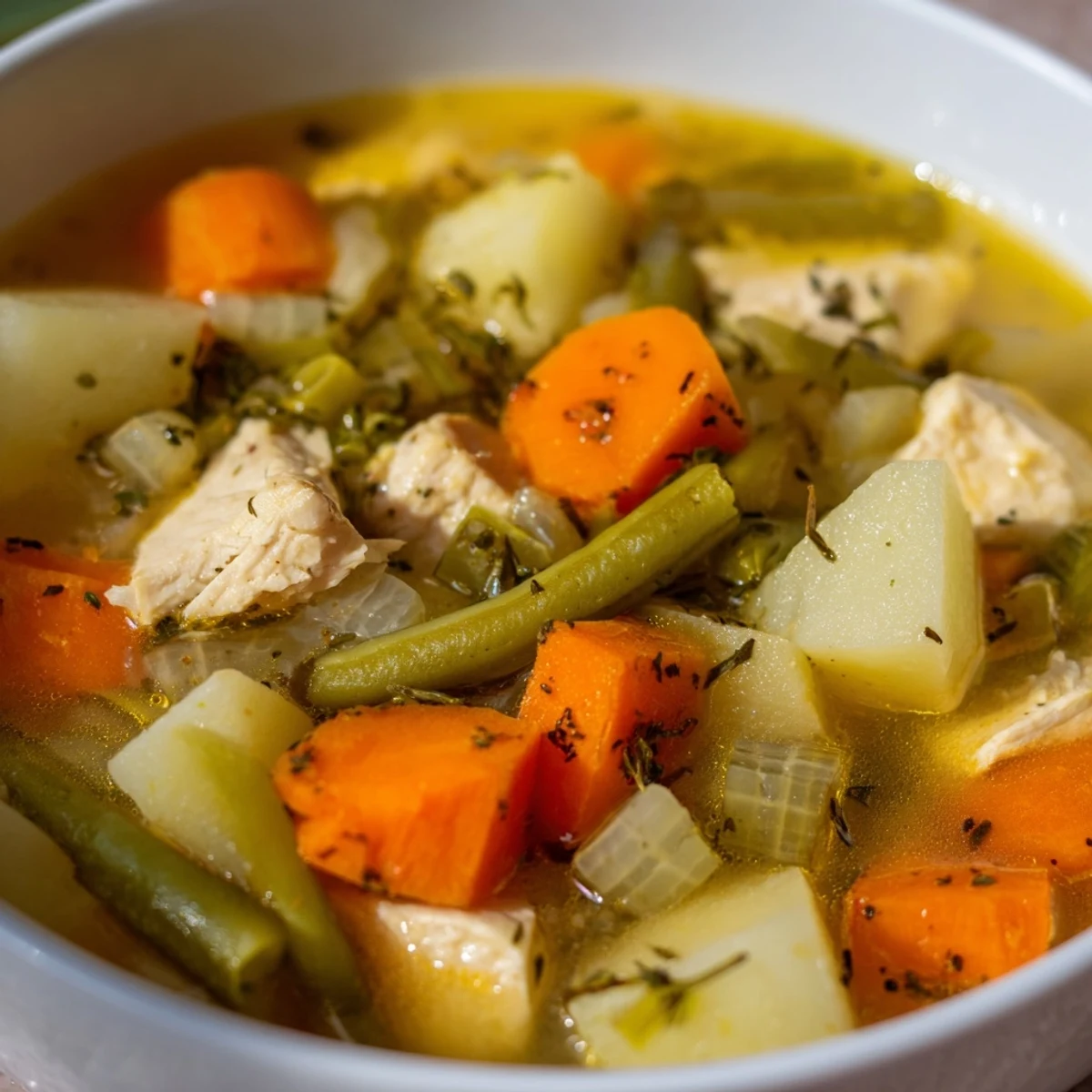 Homemade Chicken Vegetable Soup, a close-up revealing savory broth and fresh, vibrant ingredients.
