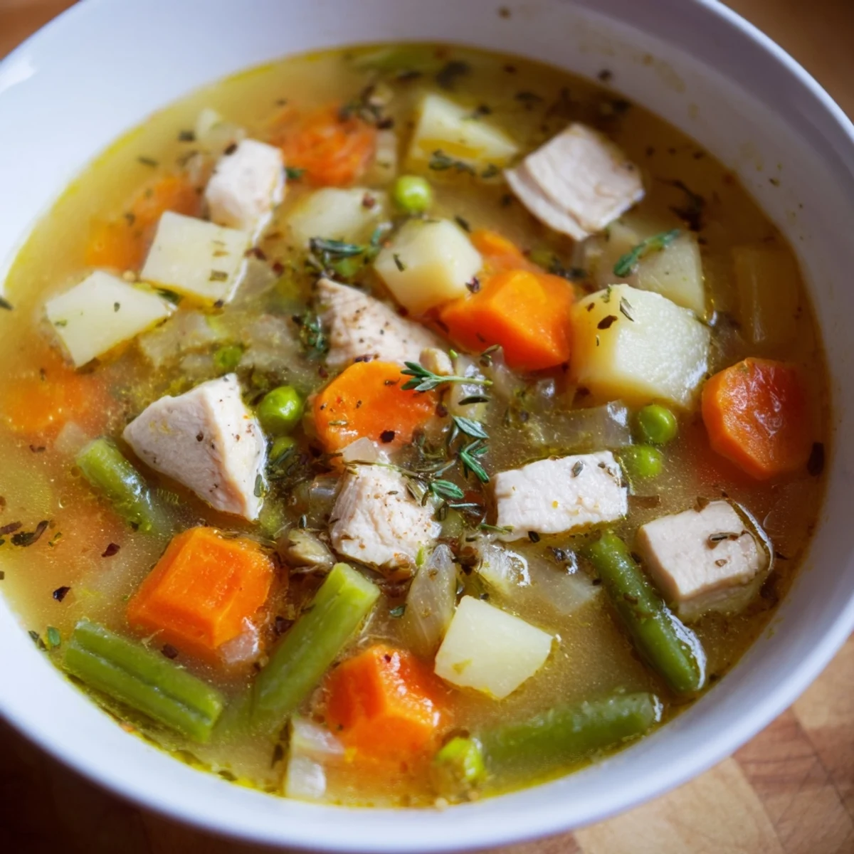 A generous serving of Chicken Vegetable Soup, perfect for a cozy, gluten-free, comforting meal.