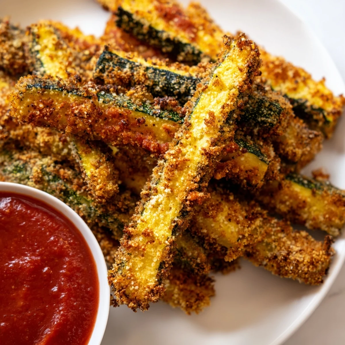 Oven-baked Crispy Zucchini Fries are delightfully crunchy, a vegetarian appetizer ready in under an hour.