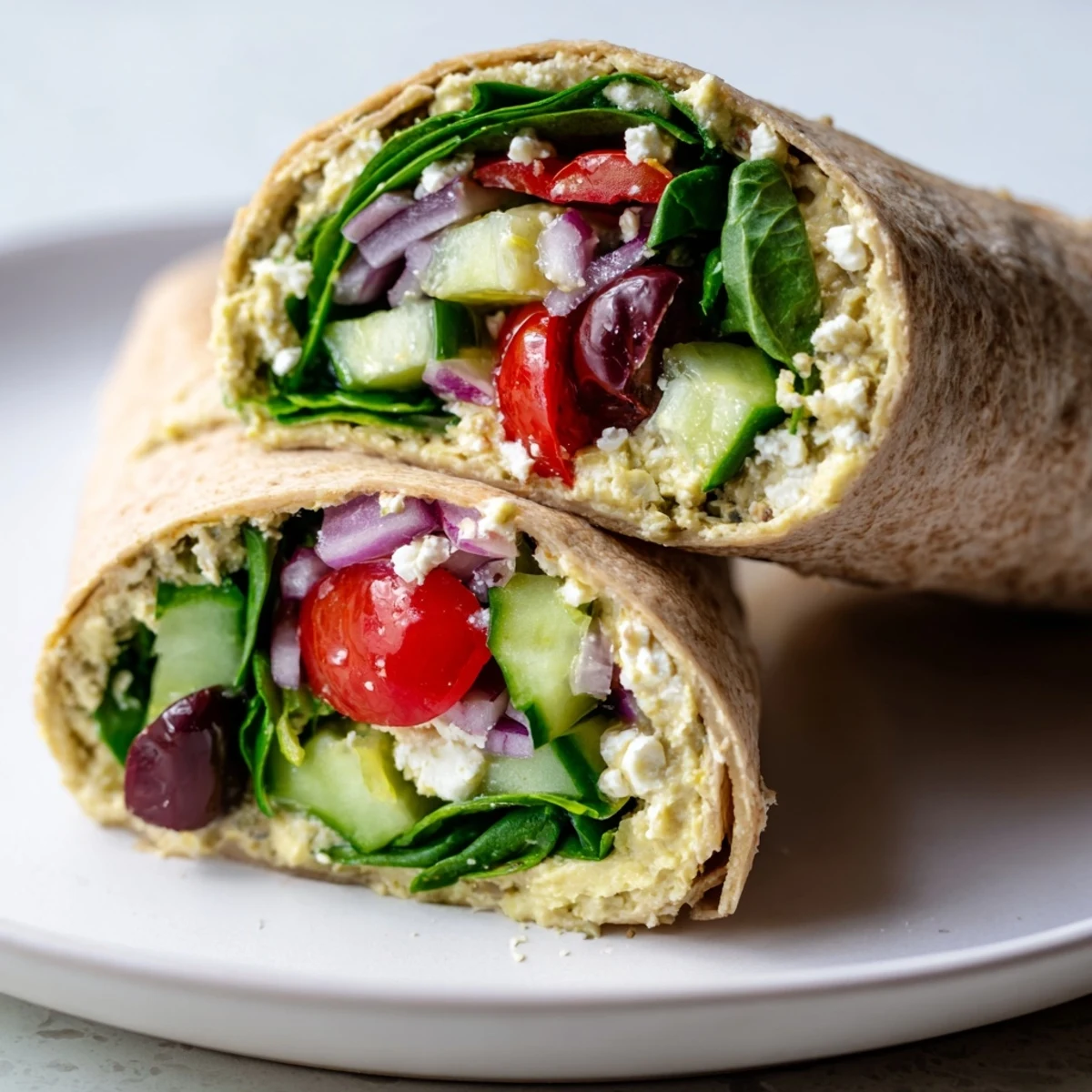 Mediterranean wrap filled with colorful veggies, creamy hummus, and feta, ready to eat.