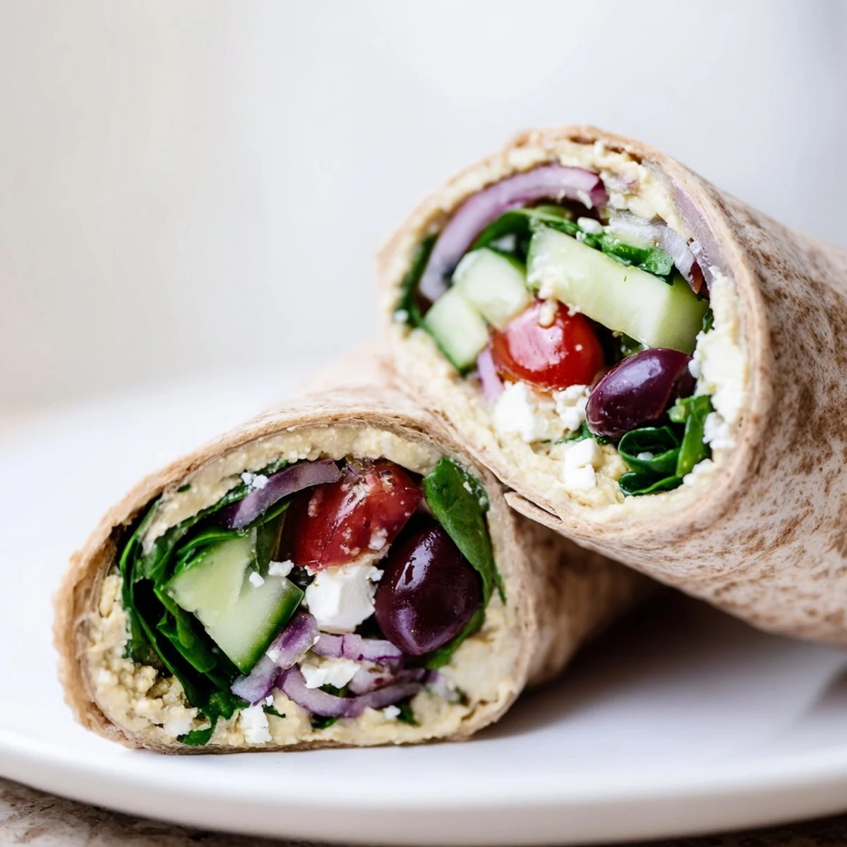 Freshly assembled Mediterranean wrap; see the vibrant red tomatoes and green spinach within.