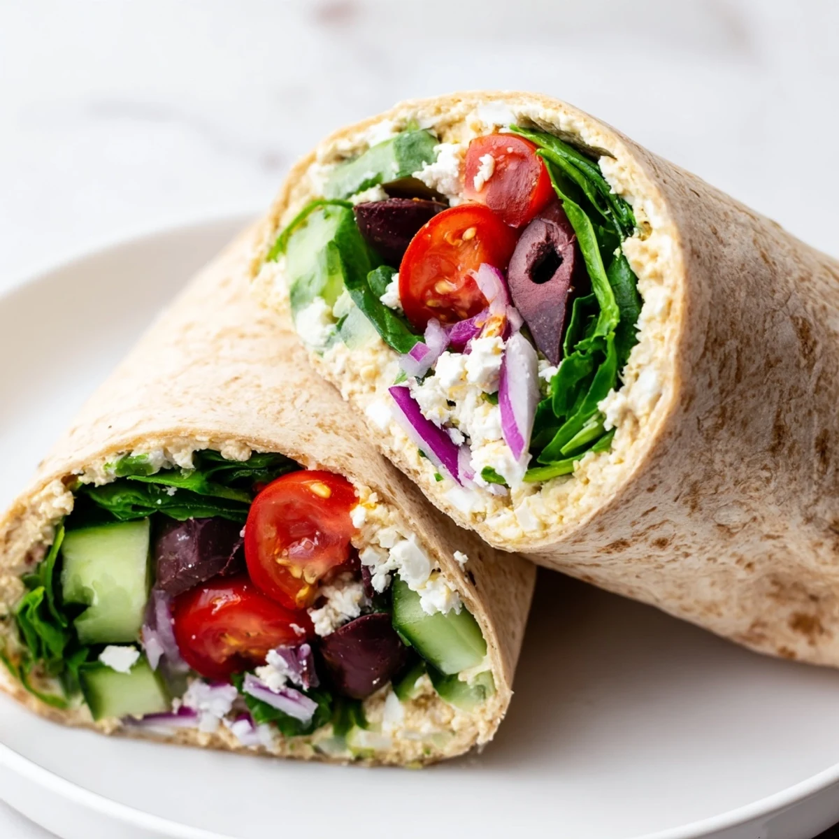 Close-up shot shows a satisfying Mediterranean wrap, perfect for a quick and flavorful lunch option.