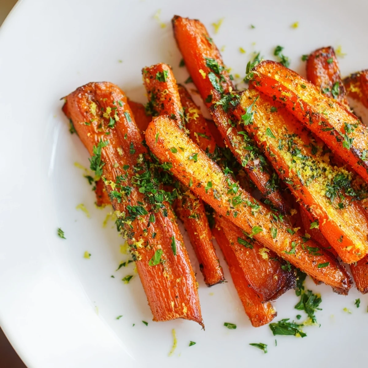Vibrant image of perfectly roasted carrots, glistening with olive oil and seasoned herbs.