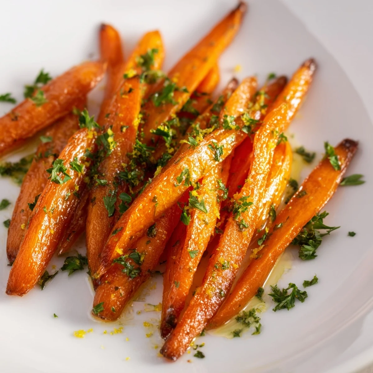 Warm, appetizing plate of roasted carrots, a healthy and easy side for any dinner tonight.