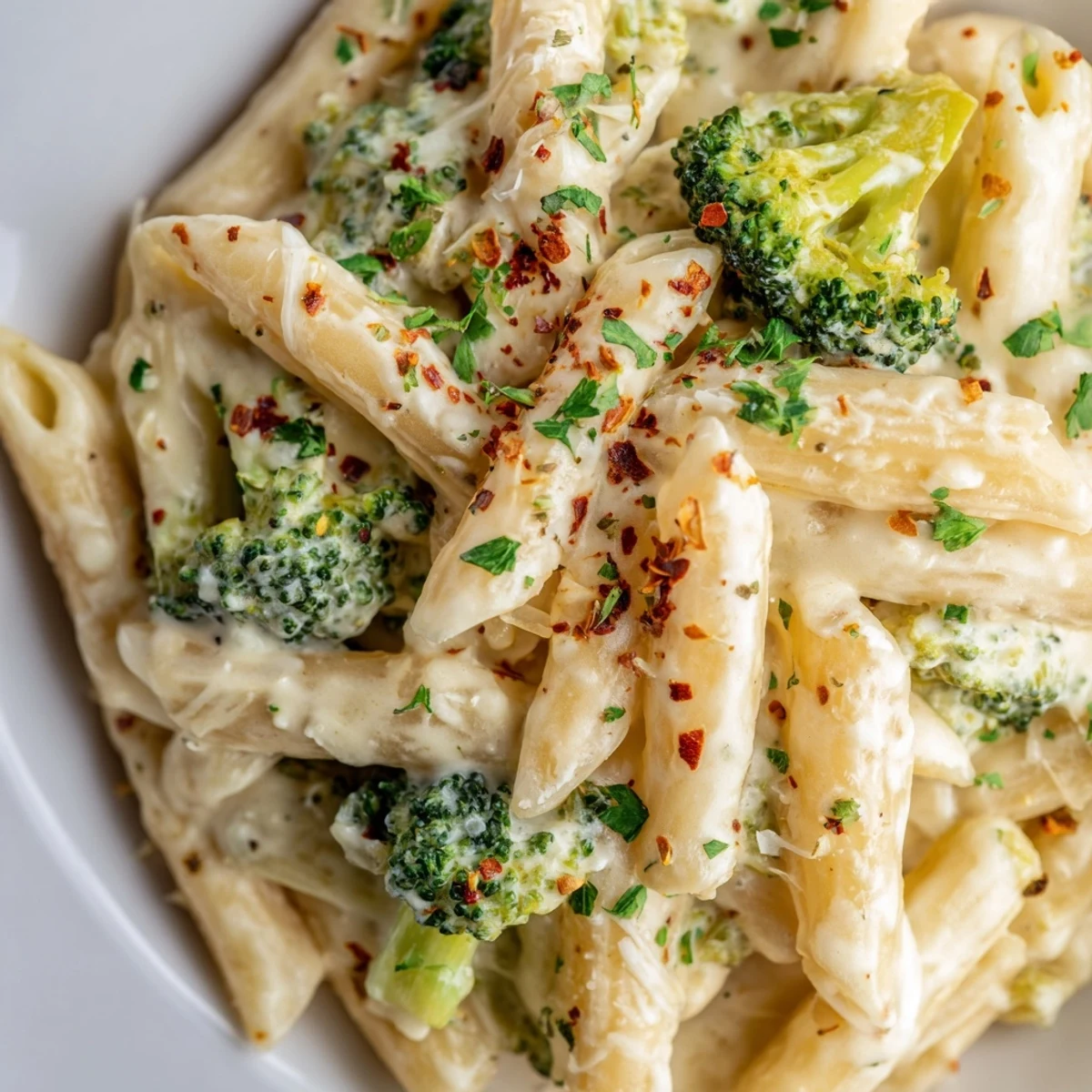 Creamy Broccoli Pasta: a close-up shows the rich cream sauce coating the pasta and broccoli florets beautifully.