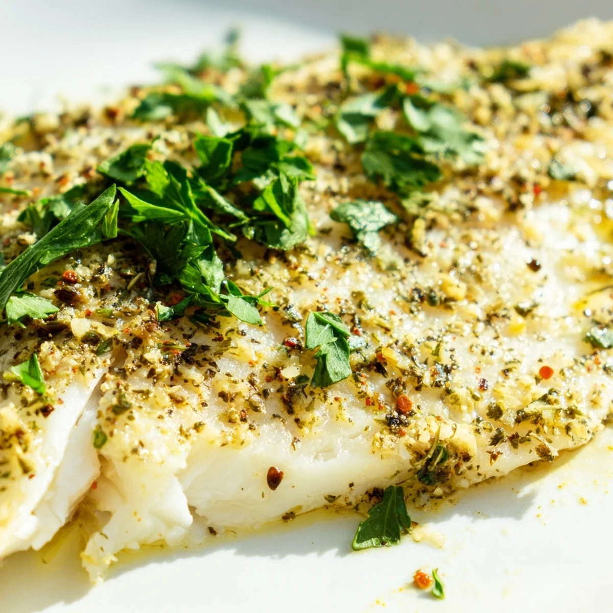 Golden-brown Baked Tilapia fillets with lemon slices and fresh parsley garnish, ready to serve on a white plate.