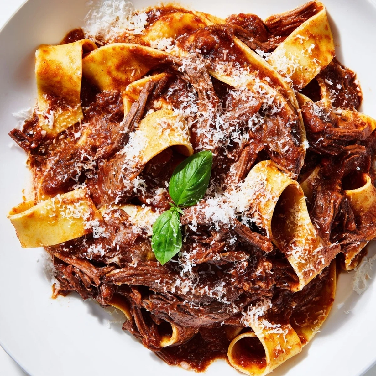 A rustic Italian dinner plate featuring Slow Cooker Beef Ragu with Pappardelle Pasta and a generous sprinkle of Parmesan cheese.