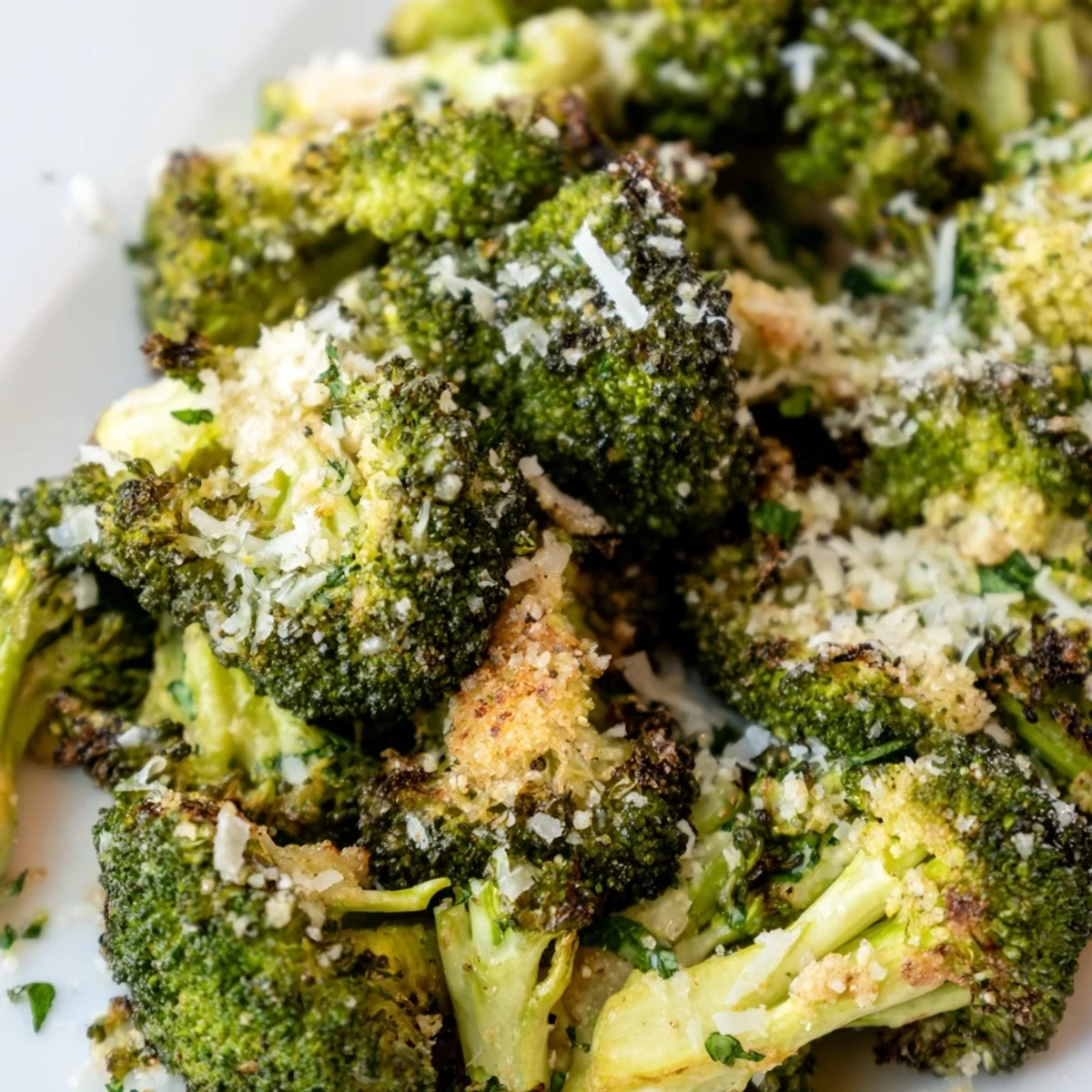 Golden-brown roasted broccoli florets with garlic and Parmesan cheese, garnished with parsley and lemon wedges on a rustic plate.