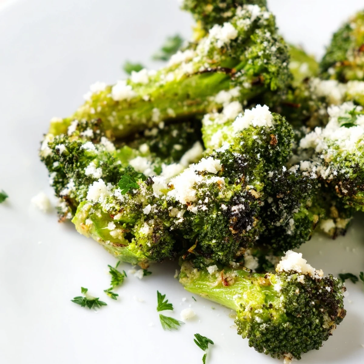 Roasted broccoli with garlic and Parmesan cheese served warm as a vegetarian side dish, slightly crispy and savory.