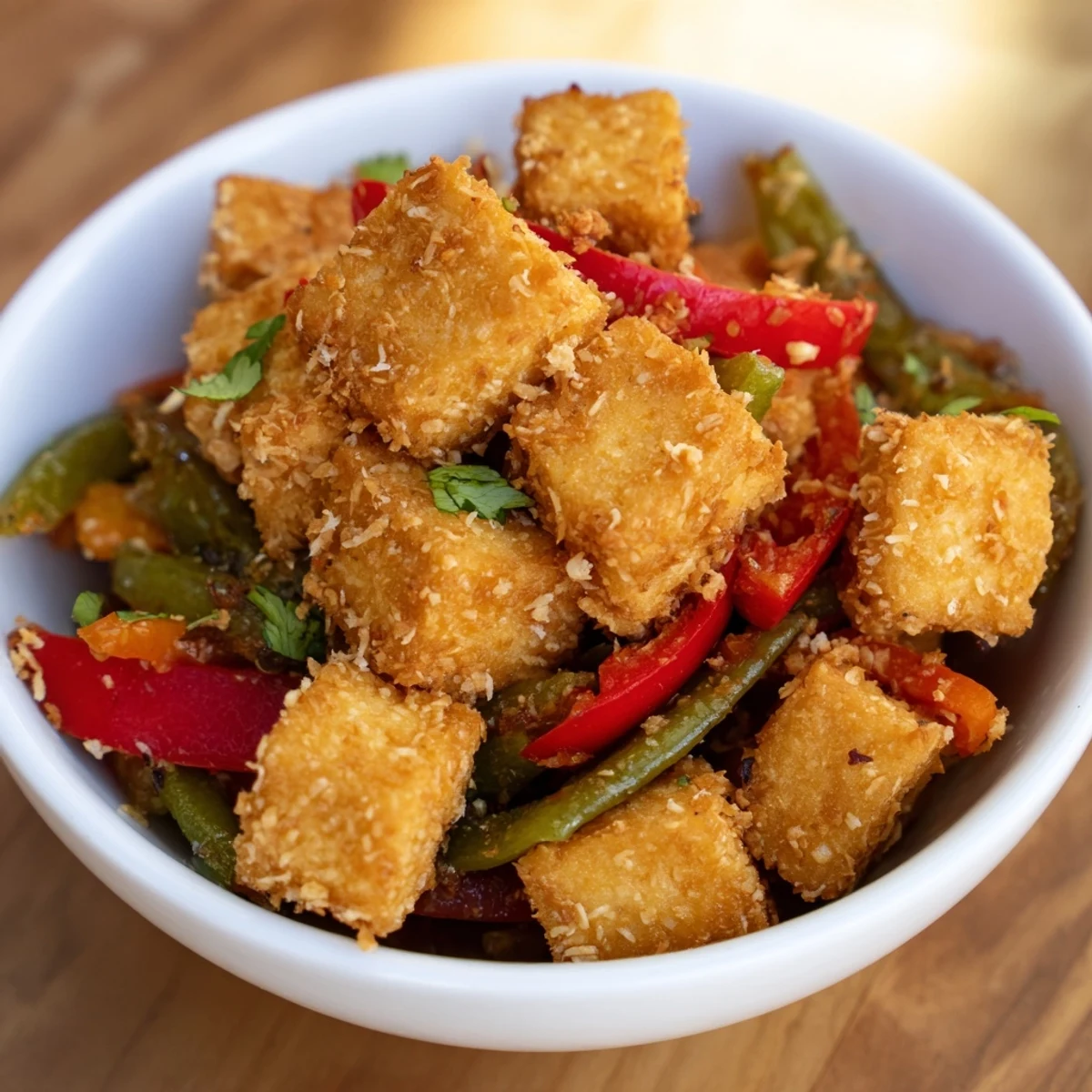 Golden-brown Crispy Coconut Tofu with Stir Fry Vegetables tossed in a savory ginger sauce in a hot wok.