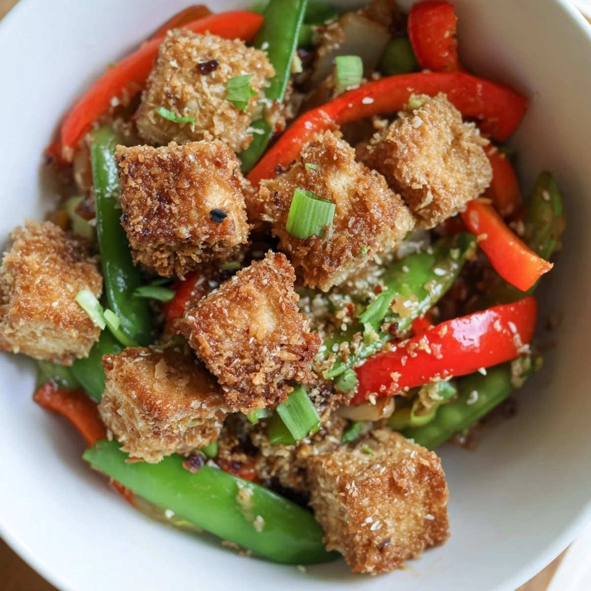 Crispy Coconut Tofu with Stir Fry Vegetables served over steamed rice, garnished with fresh cilantro and lime wedges.