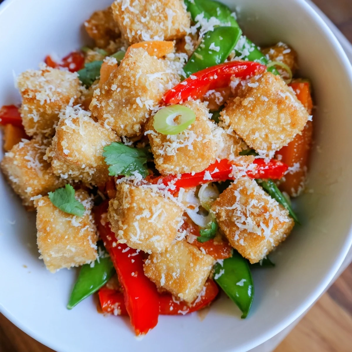 A top-down view of Crispy Coconut Tofu with Stir Fry Vegetables, featuring vibrant bell peppers and snap peas.