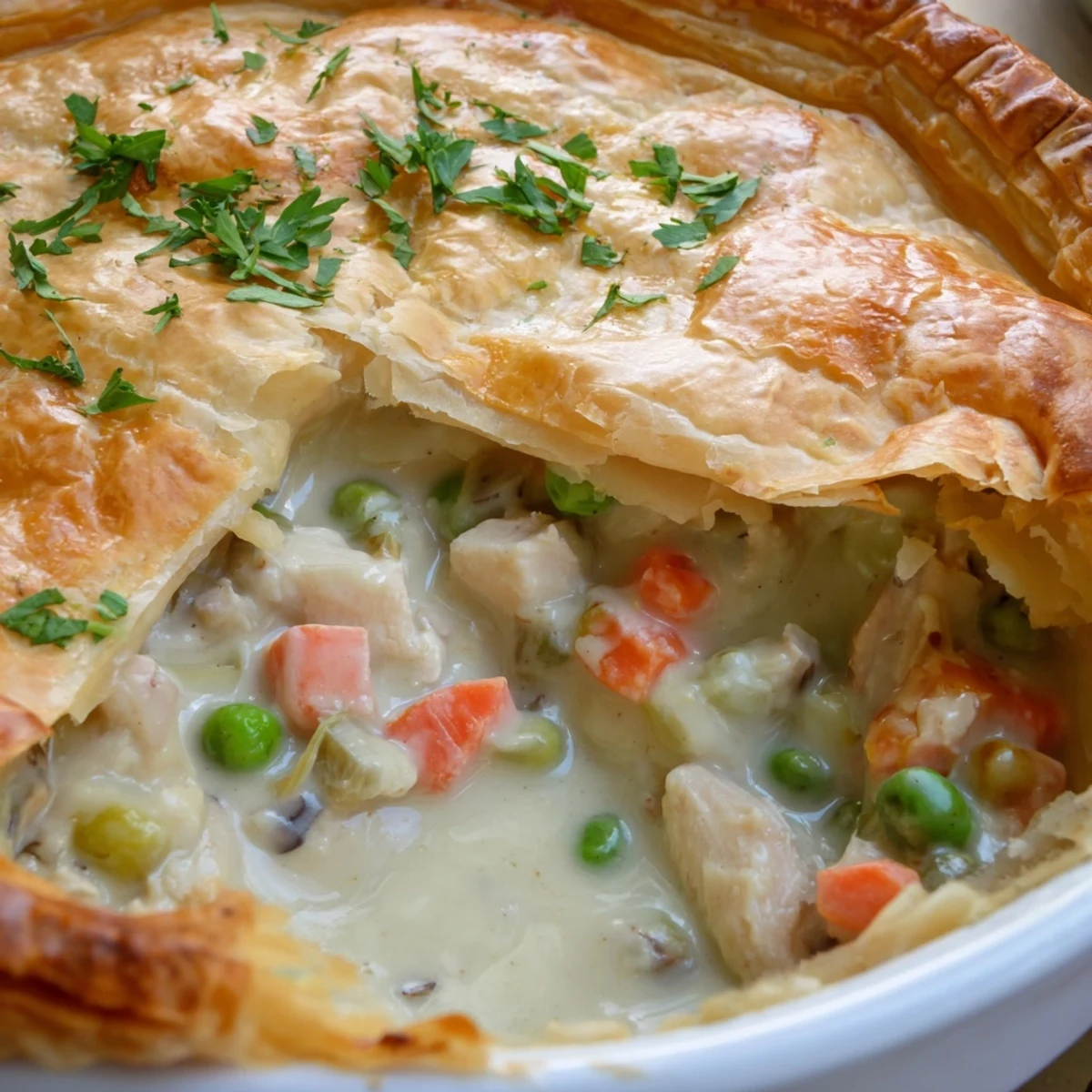 Sliced wedge of Turkey Pot Pie with Puff Pastry Crust reveals creamy filling loaded with peas, carrots, and turkey.