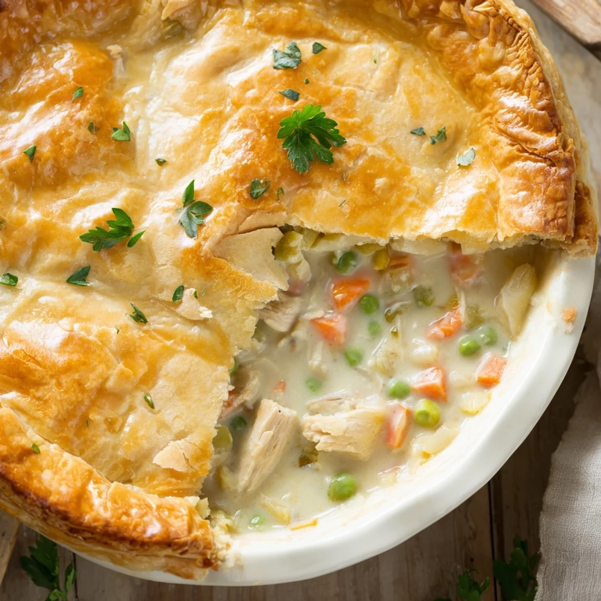 Turkey Pot Pie with Puff Pastry Crust is presented in a deep dish with steam rising from the golden, flaky crust.