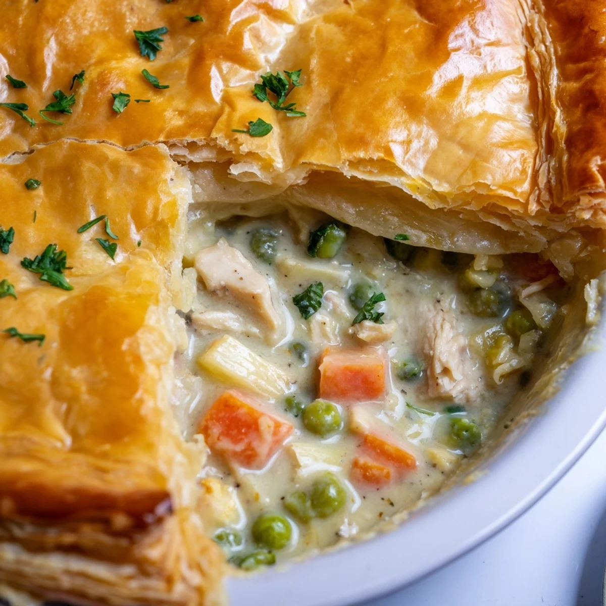 Fresh parsley garnishes the bubbling Turkey Pot Pie with Puff Pastry Crust, ready to serve with a side salad.