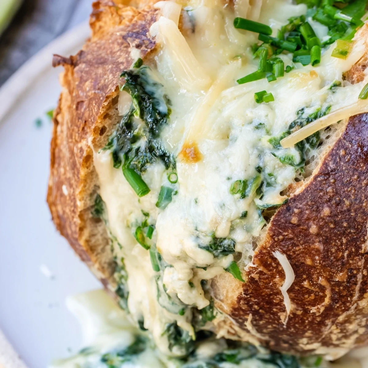 Freshly baked Creamy Spinach Dip bubbling inside a hollowed sourdough bread bowl, ready for dipping.