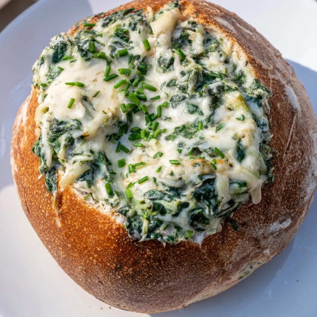 Creamy Spinach Dip served warm in a crusty bread bowl, garnished with chives for parties.