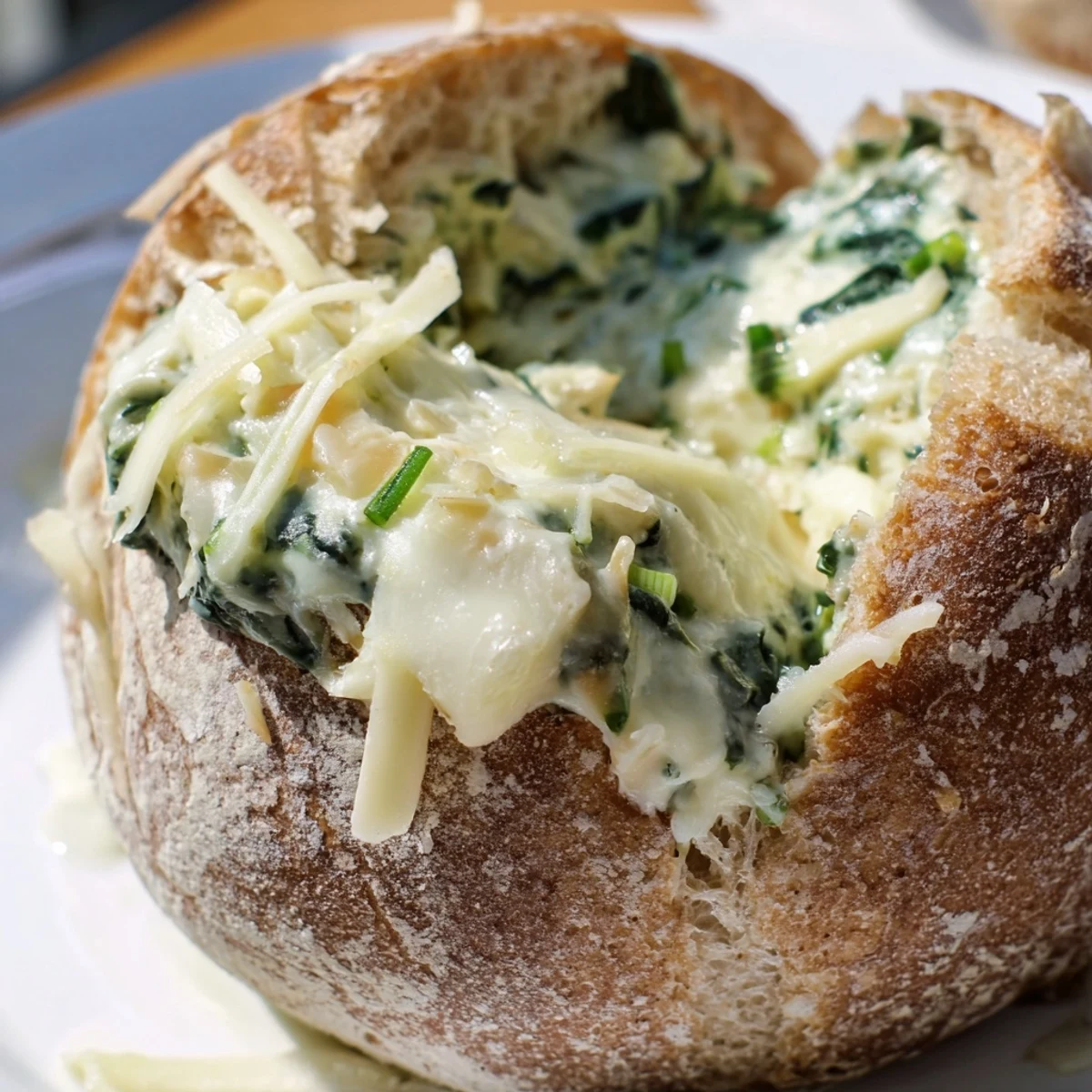 Golden Creamy Spinach Dip in a sourdough bread bowl paired with cubes and fresh vegetables.