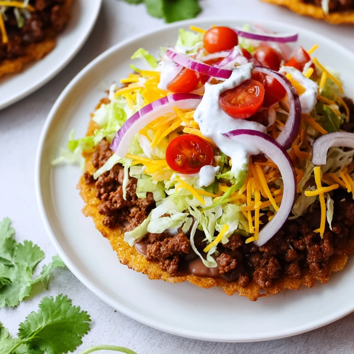 Hearty Beef Tostadas with Refried Beans and Lettuce served with lime wedges and sour cream on a vibrant plate.