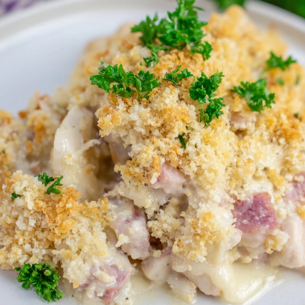 A close-up of Chicken Cordon Bleu Casserole with Breadcrumbs, featuring tender chicken and ham beneath a creamy Swiss cheese sauce.